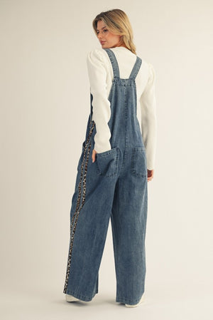 JODIFL Women's Pants Side Animal Contrast Accent Washed Denim Overalls