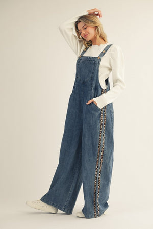 JODIFL Women's Pants Side Animal Contrast Accent Washed Denim Overalls