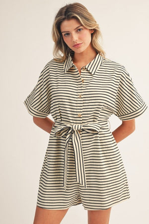 JODIFL Women's Romper Waist Tie Button Down Stripe Romper