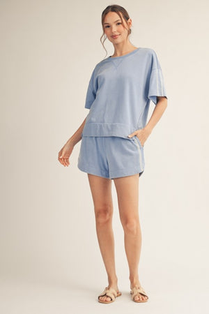 JODIFL Women's Set Lace Accent Washed Top & Shorts Sets