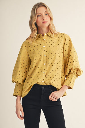 JODIFL Women's Top Bishop Sleeves Button Down Polka Dot Top