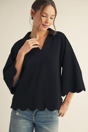 JODIFL Women's Top BLACK / S Scallop Edge Detail Solid Top G14737