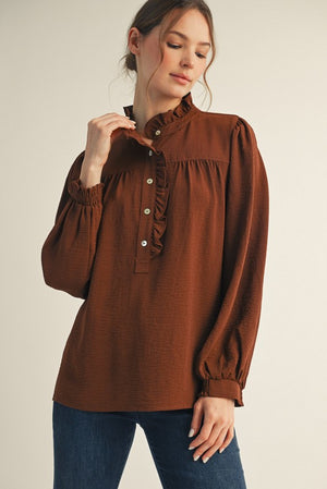 JODIFL Women's Top CHOCOLAT / S Ruffle Accent Texture Fabric Top || David's Clothing G14772