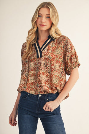 JODIFL Women's Top Contrast Accent Boho Print Top