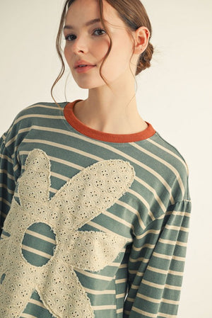 JODIFL Women's Top Eyelet Floral Patched Stripe Top