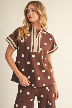 JODIFL Women's Top Front Zip Up Polka Dot Casual Top