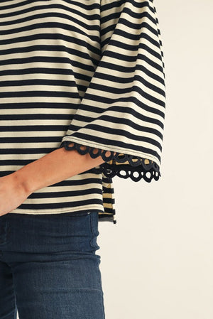 JODIFL Women's Top Lace Trim Accent Stripe Top || David's Clothing