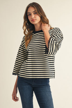 JODIFL Women's Top Lace Trim Accent Stripe Top || David's Clothing