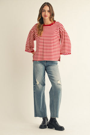 JODIFL Women's Top Lace Trim Accent Stripe Top || David's Clothing