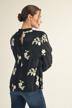 JODIFL Women's Top Long Sleeves Floral Embroidered Top || David's Clothing