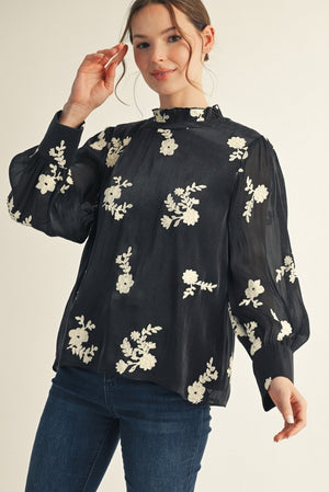 JODIFL Women's Top Long Sleeves Floral Embroidered Top || David's Clothing