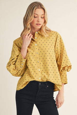 JODIFL Women's Top MUSTARD / S Bishop Sleeves Button Down Polka Dot Top G16096