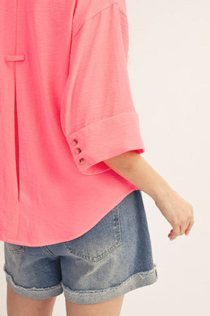 JODIFL Women's Top Pleat Back Detail Button Down Crinkle Top