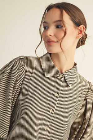 JODIFL Women's Top Pleated Shoulder Button Down Stripe Top || David's Clothing