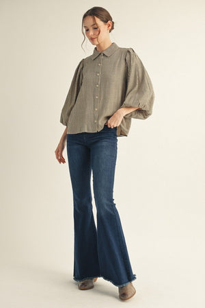 JODIFL Women's Top Pleated Shoulder Button Down Stripe Top || David's Clothing