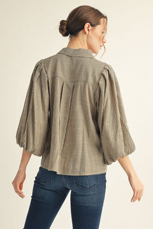JODIFL Women's Top Pleated Shoulder Button Down Stripe Top || David's Clothing