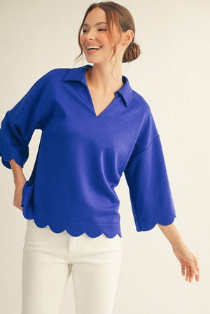 JODIFL Women's Top ROYALBL / S Scallop Edge Detail Solid Top G14737