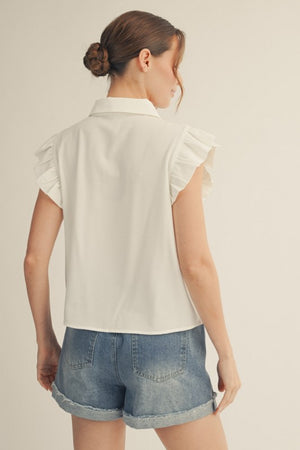 JODIFL Women's Top Ruffle Detail Button Down Crinkled Solid Top