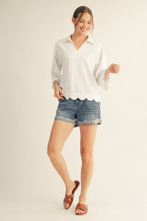 JODIFL Women's Top Scallop Edge Detail Solid Top