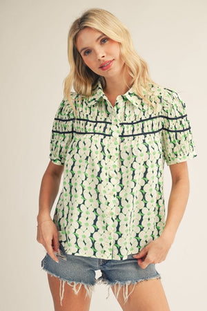 JODIFL Women's Top Shirring Detail Button Down Floral Top