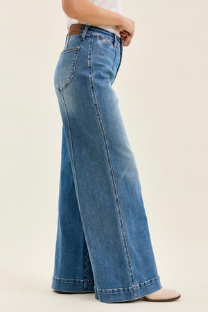 JUDY BLUE Women's Jeans High Waisted Liza Multi Inseam Palazzo W/ Shield Pkts Md Classic Fade