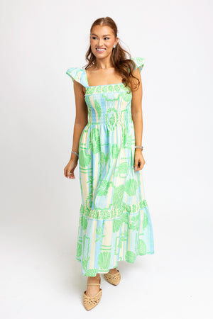 KARLIE CLOTHES Women's Dresses Karlie Green Sea Shell Poplin Smock Maxi Dress