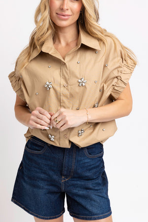 KARLIE CLOTHES Women's Top Karlie Solid Poplin Jeweled Top