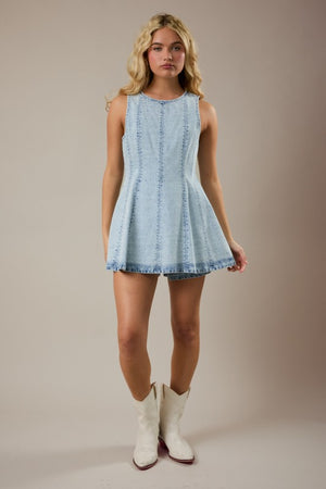 LELIS COLLECTION Women's Romper Round Neck Sleeveless Flare Denim Romper