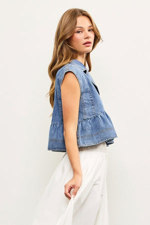 MUSTARD SEED Women's Top Notched Collar Babydoll Sleeveless Denim Top || David's Clothing