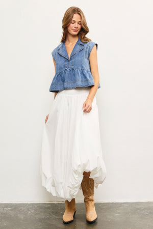 MUSTARD SEED Women's Top Notched Collar Babydoll Sleeveless Denim Top || David's Clothing