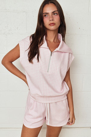 PAPER MOON Women's Set Gingham Quarter Zip Sleeveless Set