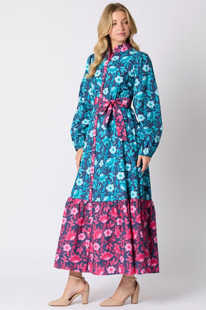 PEACH LOVE Women's Dresses Floral Printed Mixed Tie Waist Maxi Dress || David's Clothing