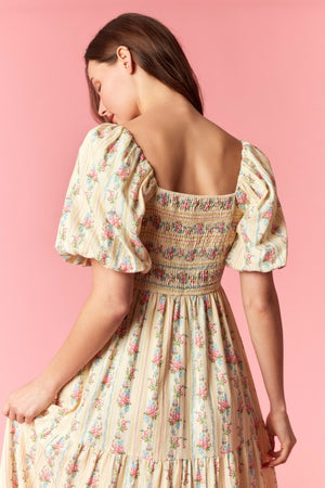 PEACH LOVE Women's Dresses Floral Stripe Mix Bubble Sleeve Smocked Maxi Dress