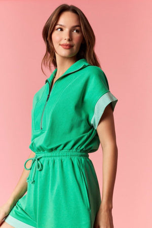 PEACH LOVE Women's Romper French Terry Stripe Band Zip-up Romper