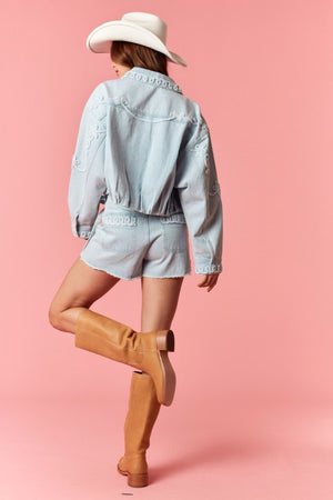 PEACH LOVE Women's Skirts Washed Frayed Denim Tape Detailed Wrap Skorts