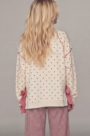 PEACH LOVE Women's Top Gingham Piping & Bow Tied Polka Dot Sweatshirt