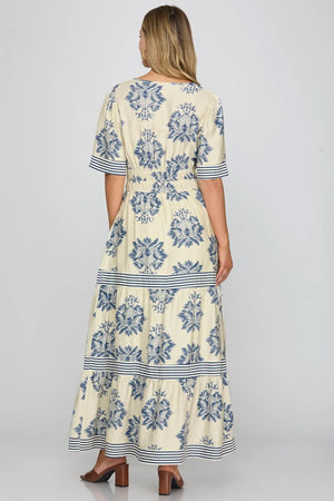 SHE AND SKY Women's Dresses Short Sleeve Tiered Maxi Dress With Contrast Detail And Pockets