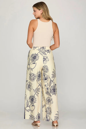 SHE AND SKY Women's Pants Woven Print Pants With Contrast Detail
