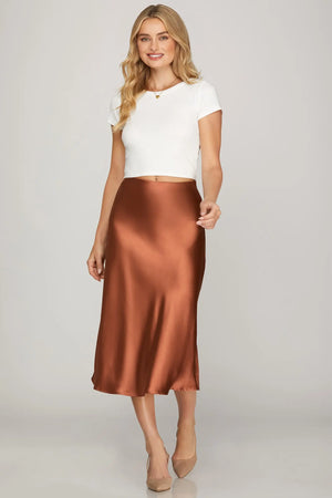 SHE AND SKY Women's Skirts COPPER / S Satin Bias Midi Skirt With Elastic Waistband SY7030RC