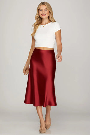 SHE AND SKY Women's Skirts RED / S Satin Bias Midi Skirt With Elastic Waistband SY7030RR