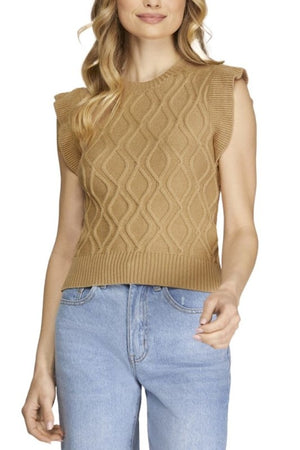 SHE AND SKY Women's Top TAUPE / S Ruffled Sleeve Cable Knit Sweater Top SY6085R