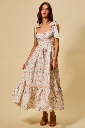 SO ME Women's Dresses Floral Cotton Ruched Bodice Tie Lined Midi Dress