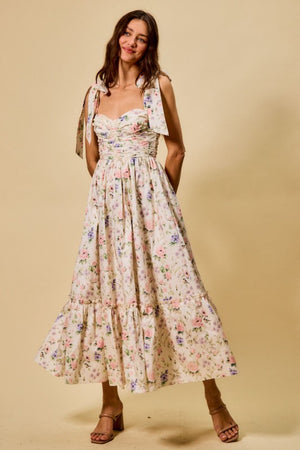 SO ME Women's Dresses Floral Cotton Ruched Bodice Tie Lined Midi Dress