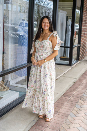 SO ME Women's Dresses Floral Cotton Ruched Bodice Tie Lined Midi Dress