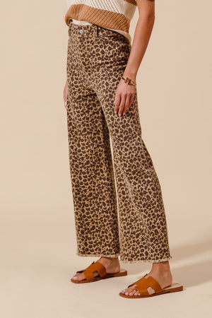 SO ME Women's Pants So Me Mid Rise Leopard Twill Denim Frayed Hem Wide Leg
