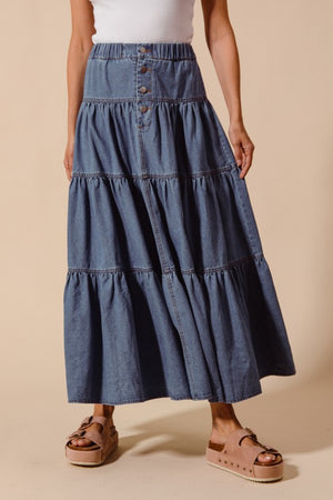 SO ME Women's Skirts Shirred Denim Block Flowy Maxi Skirt