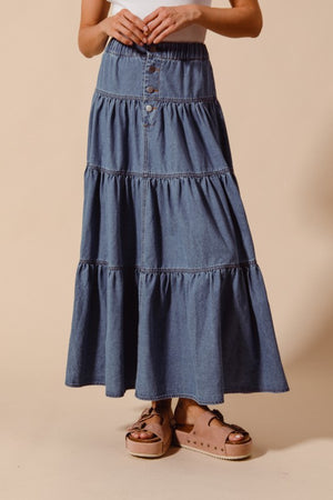 SO ME Women's Skirts Shirred Denim Block Flowy Maxi Skirt