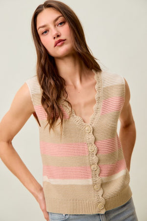 SO ME Women's Sweaters Multi Color Stripe Sweater Vest With Scallop Edge