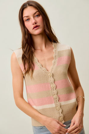 SO ME Women's Sweaters Multi Color Stripe Sweater Vest With Scallop Edge