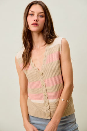 SO ME Women's Sweaters Multi Color Stripe Sweater Vest With Scallop Edge